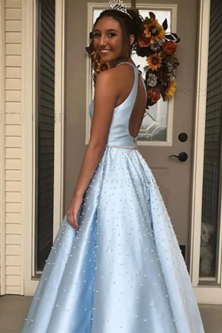 Open Back Floor Length Prom Dress With Pearls A Line Sleeveless Formal SWKP74AHYZK