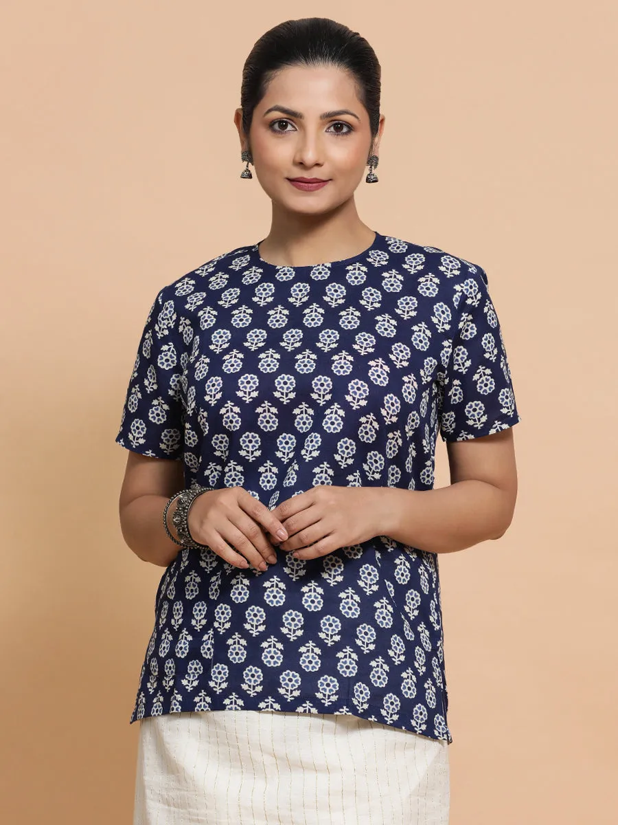 Priyanka x Rozaana | Short Sleeves Cotton Saree Blouse in Indigo Blue Flower Block Print Fabric