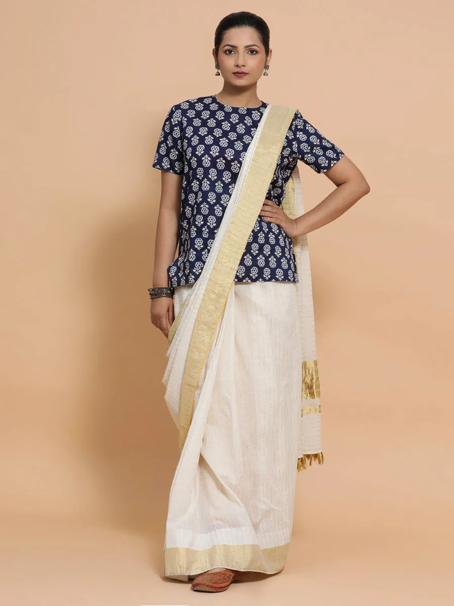 Priyanka x Rozaana | Short Sleeves Cotton Saree Blouse in Indigo Blue Flower Block Print Fabric