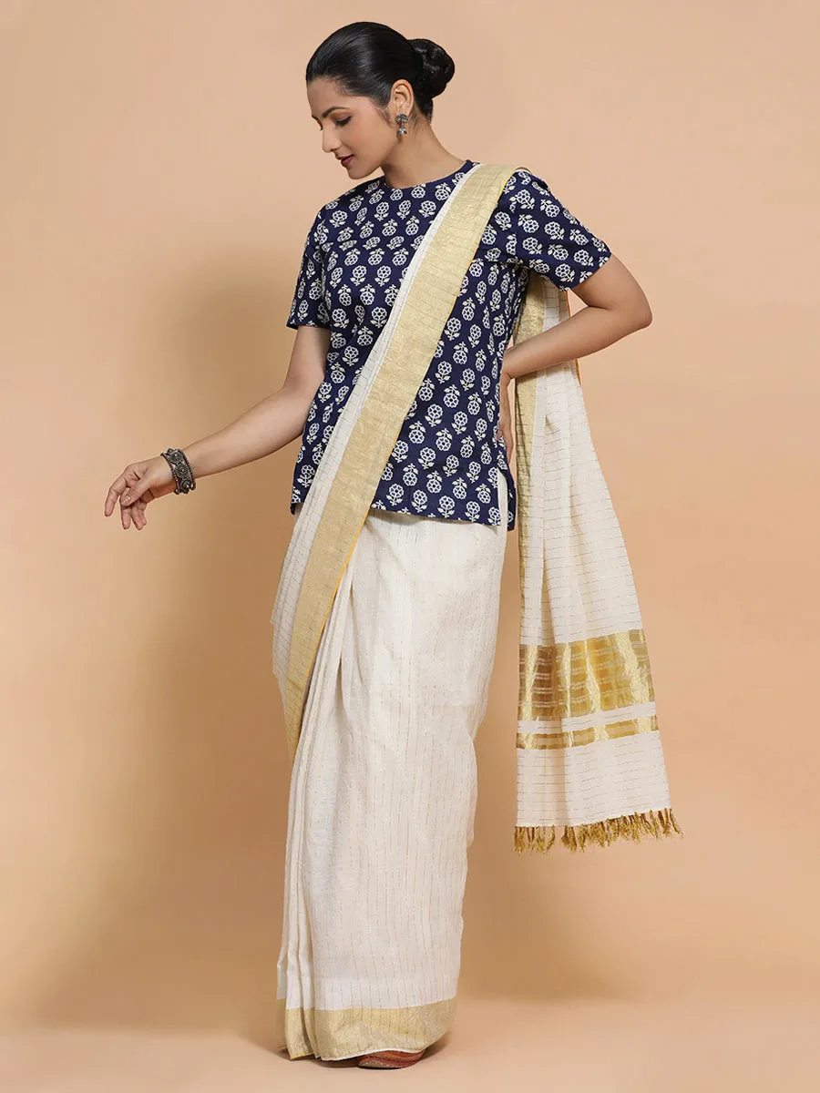Priyanka x Rozaana | Short Sleeves Cotton Saree Blouse in Indigo Blue Flower Block Print Fabric