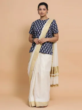 Priyanka x Rozaana | Short Sleeves Cotton Saree Blouse in Indigo Blue Flower Block Print Fabric