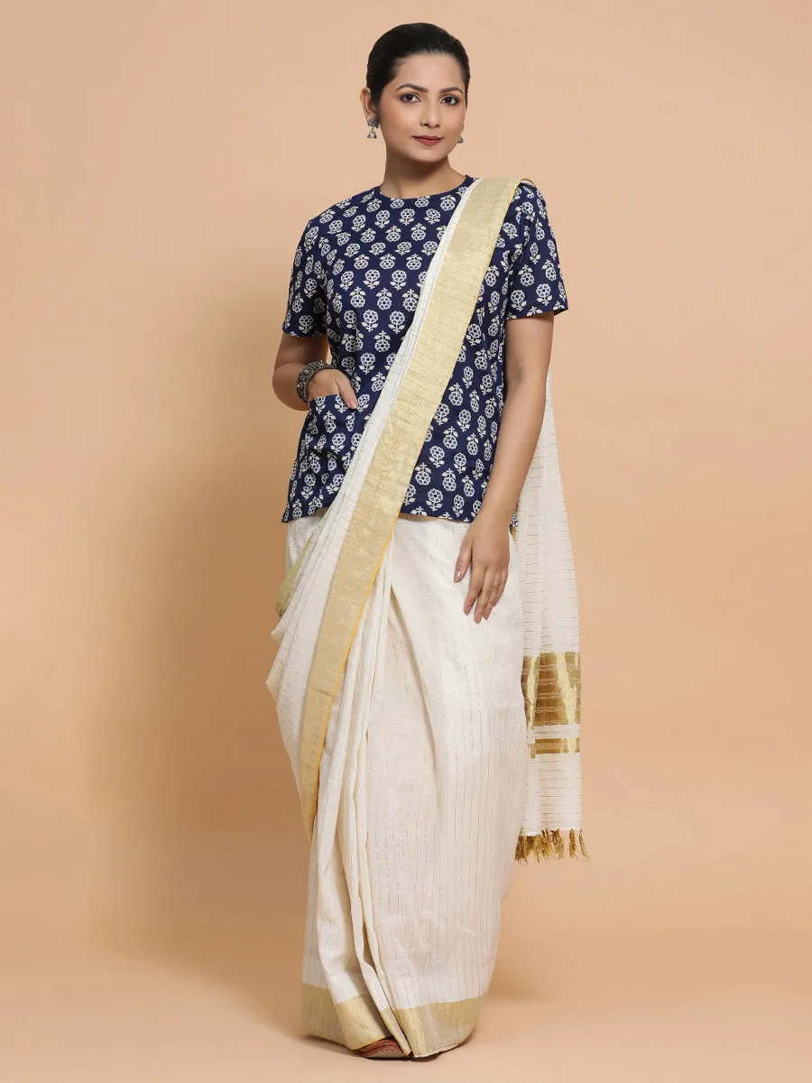 Priyanka x Rozaana | Short Sleeves Cotton Saree Blouse in Indigo Blue Flower Block Print Fabric