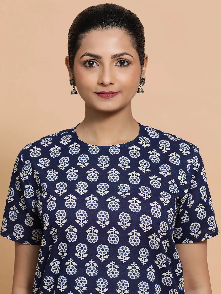 Priyanka x Rozaana | Short Sleeves Cotton Saree Blouse in Indigo Blue Flower Block Print Fabric