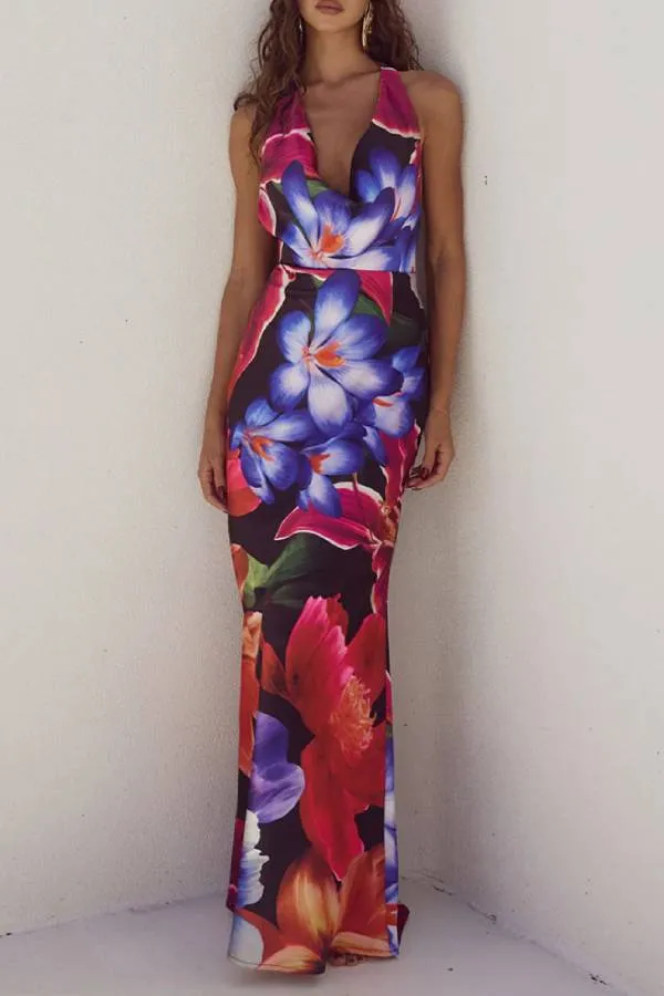 Sexy Open-Back Lace-Up Print Dress