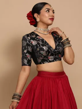 Shabnam x Tyohaar | Elbow Sleeves Satin Viscose Saree Blouse in Black Meenakari Fabric