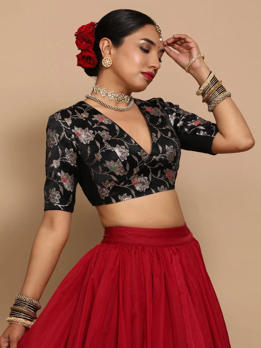 Shabnam x Tyohaar | Elbow Sleeves Satin Viscose Saree Blouse in Black Meenakari Fabric