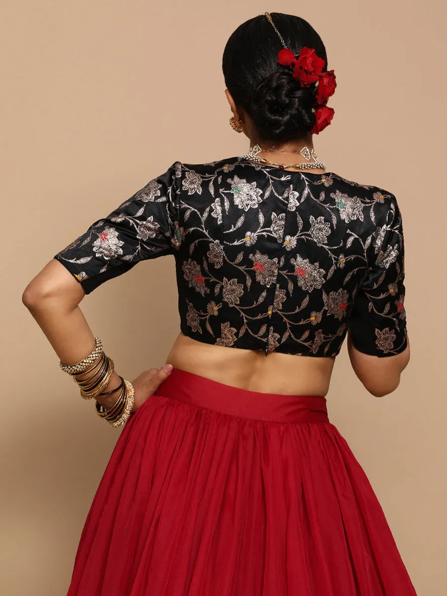 Shabnam x Tyohaar | Elbow Sleeves Satin Viscose Saree Blouse in Black Meenakari Fabric