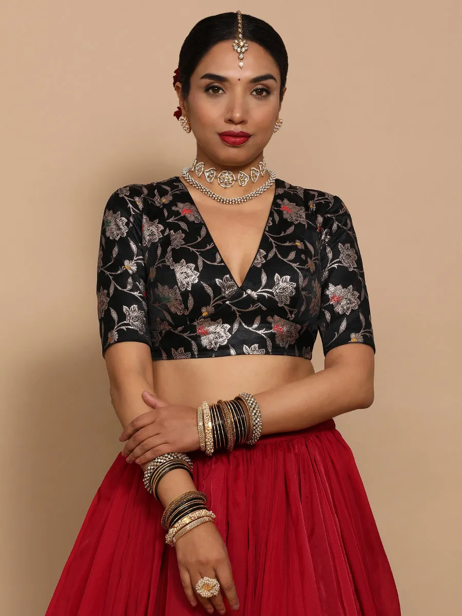 Shabnam x Tyohaar | Elbow Sleeves Satin Viscose Saree Blouse in Black Meenakari Fabric