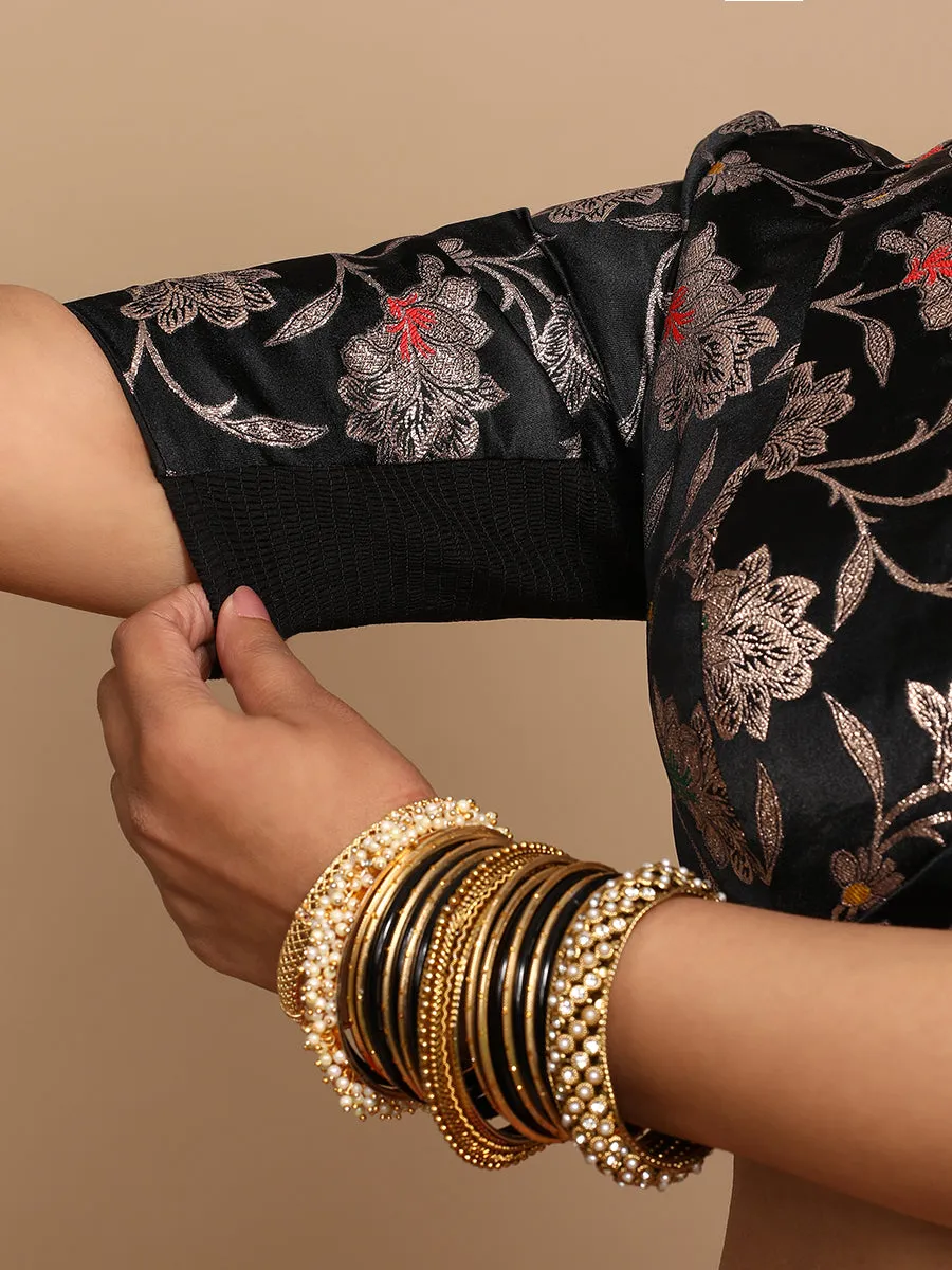 Shabnam x Tyohaar | Elbow Sleeves Satin Viscose Saree Blouse in Black Meenakari Fabric