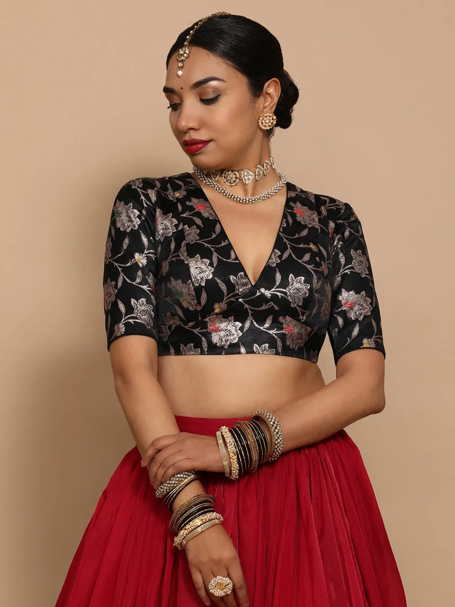 Shabnam x Tyohaar | Elbow Sleeves Satin Viscose Saree Blouse in Black Meenakari Fabric