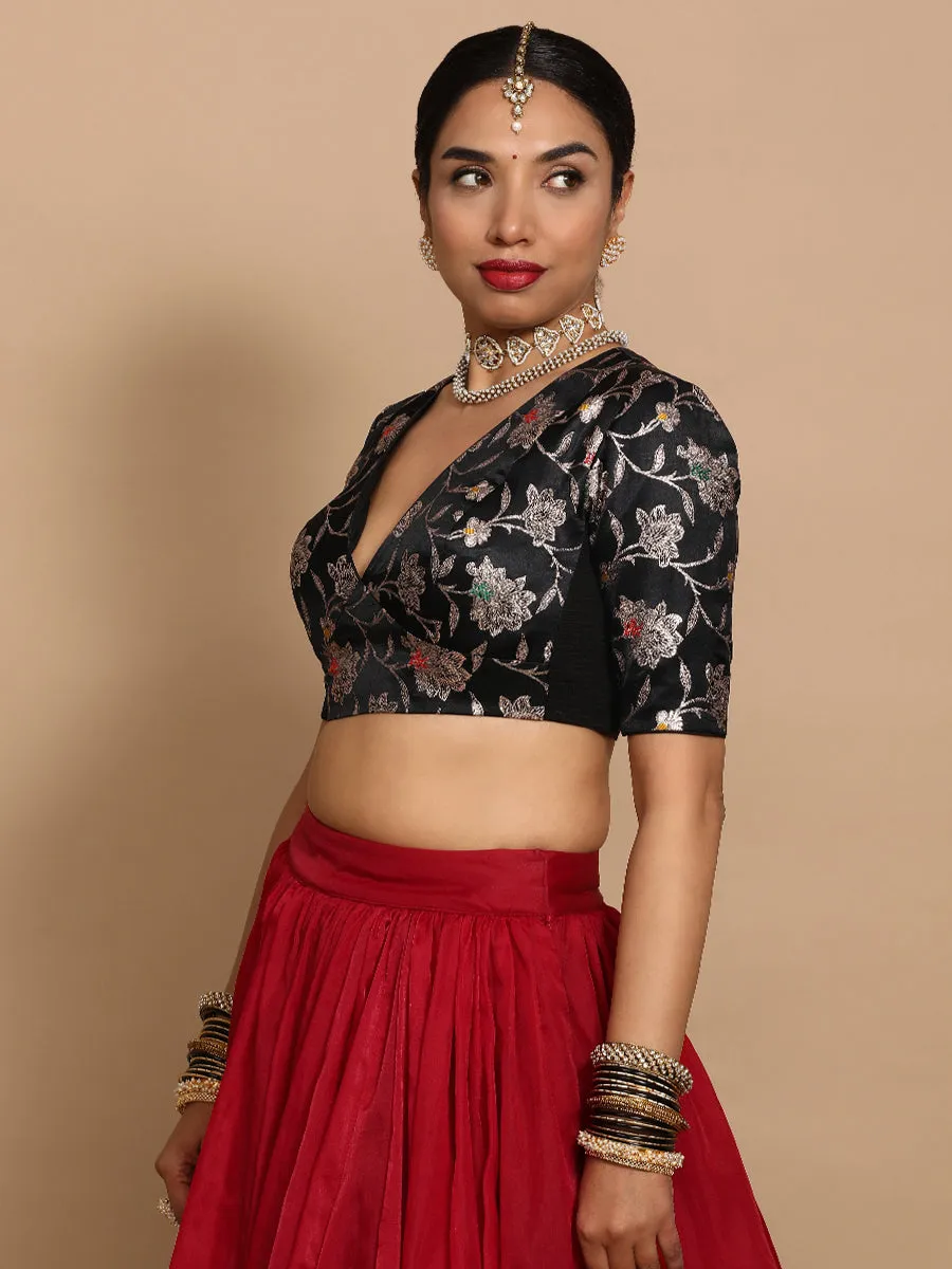 Shabnam x Tyohaar | Elbow Sleeves Satin Viscose Saree Blouse in Black Meenakari Fabric