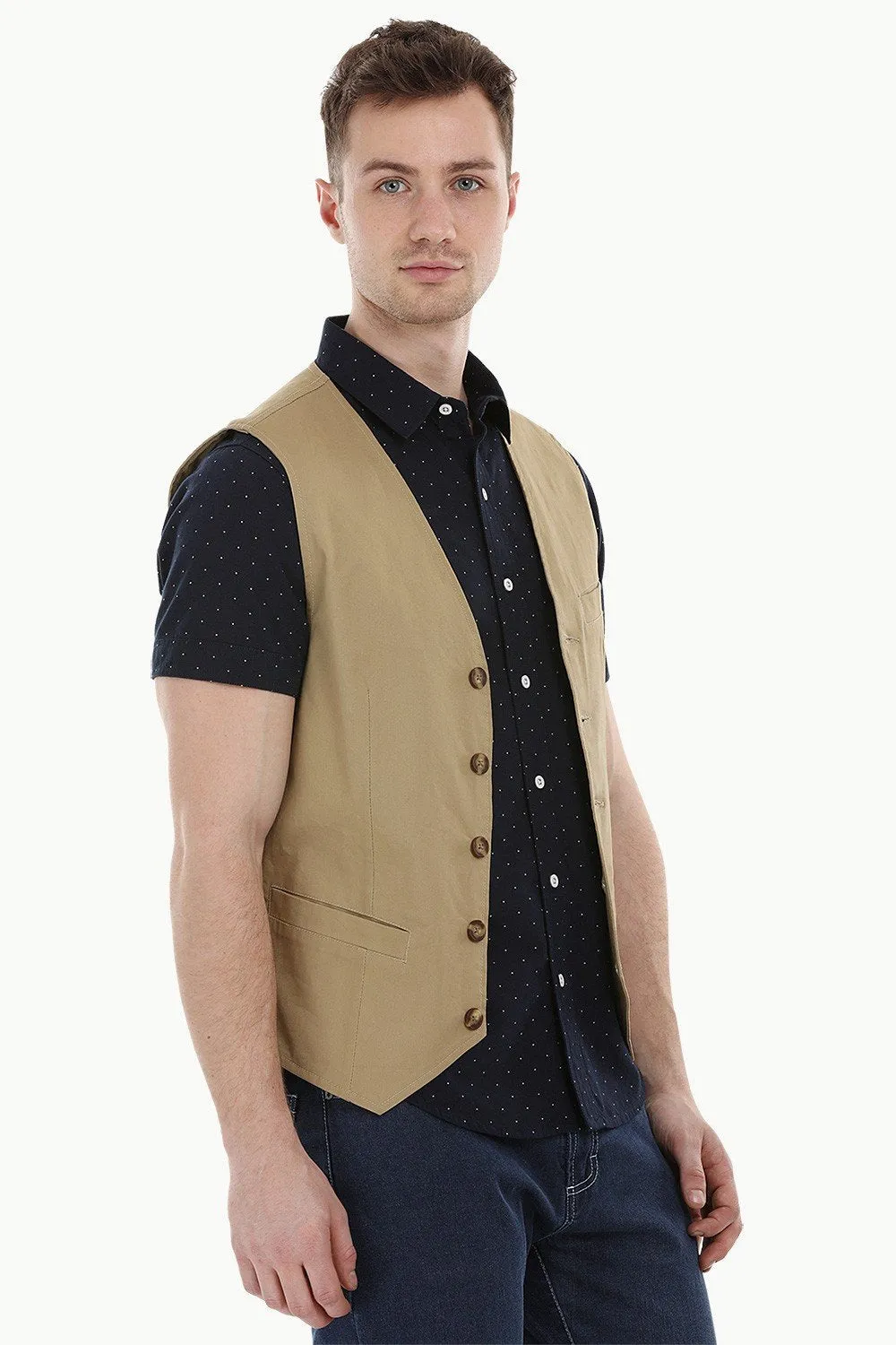 Sleeveless Lapel Khaki Jacket