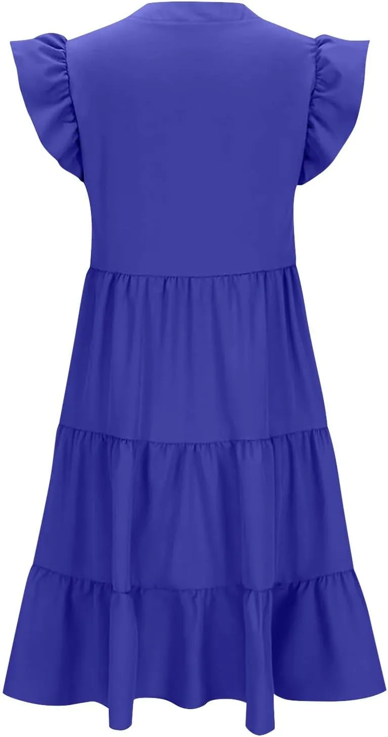 Summer Dresses for Women Ruffle Sleeve Midi Dress Boho V Neck Flowy Tiered Dress Flowy Vacation Sundress with Pockets