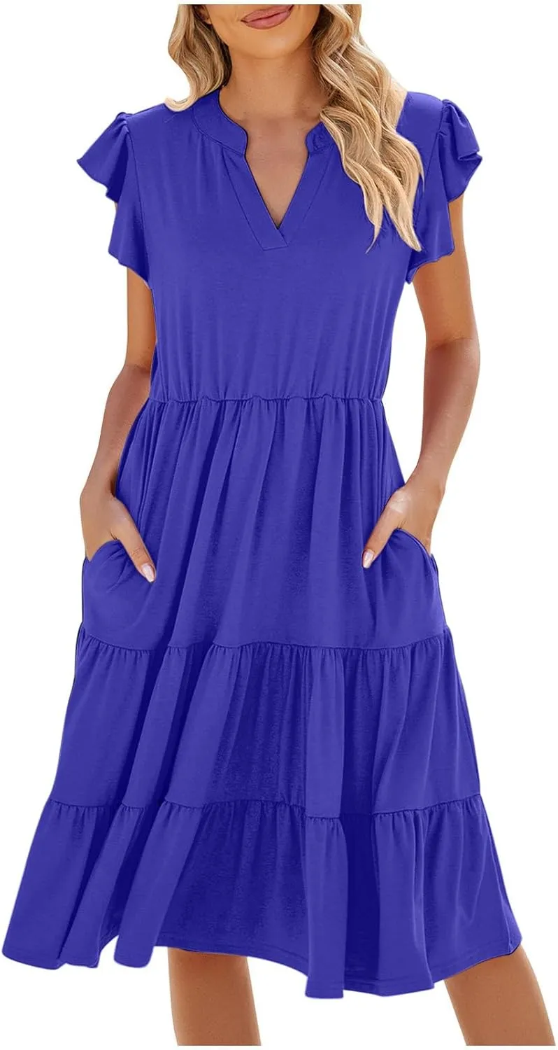Summer Dresses for Women Ruffle Sleeve Midi Dress Boho V Neck Flowy Tiered Dress Flowy Vacation Sundress with Pockets