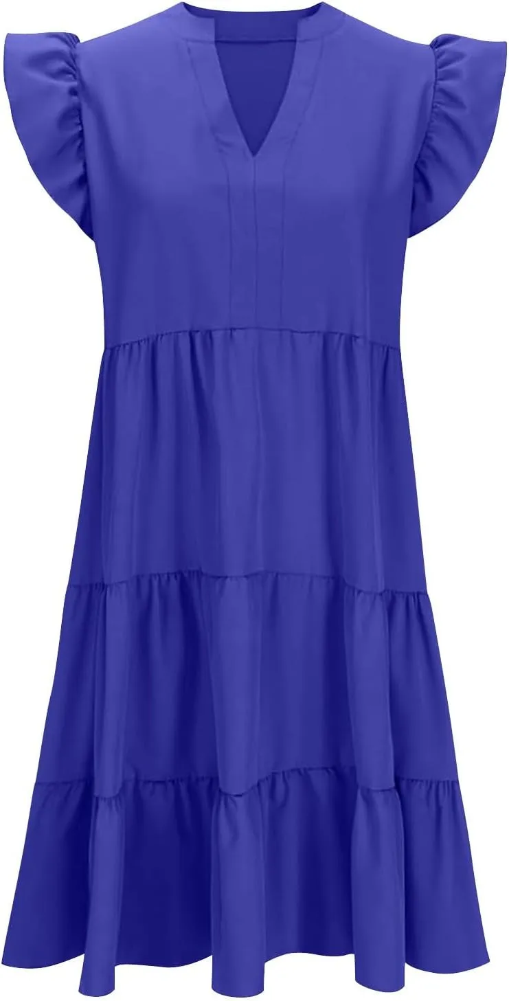 Summer Dresses for Women Ruffle Sleeve Midi Dress Boho V Neck Flowy Tiered Dress Flowy Vacation Sundress with Pockets