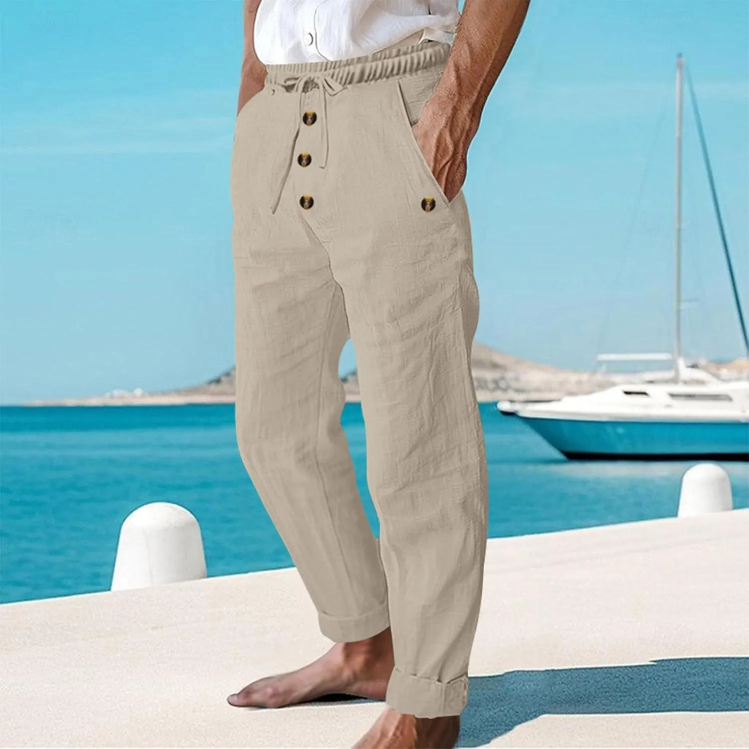 Summer Pants for Men 2025 Elastic Waist Drawstring Lightweight Casual Beach Pant Loose Fit Breathable Lounge Trousers