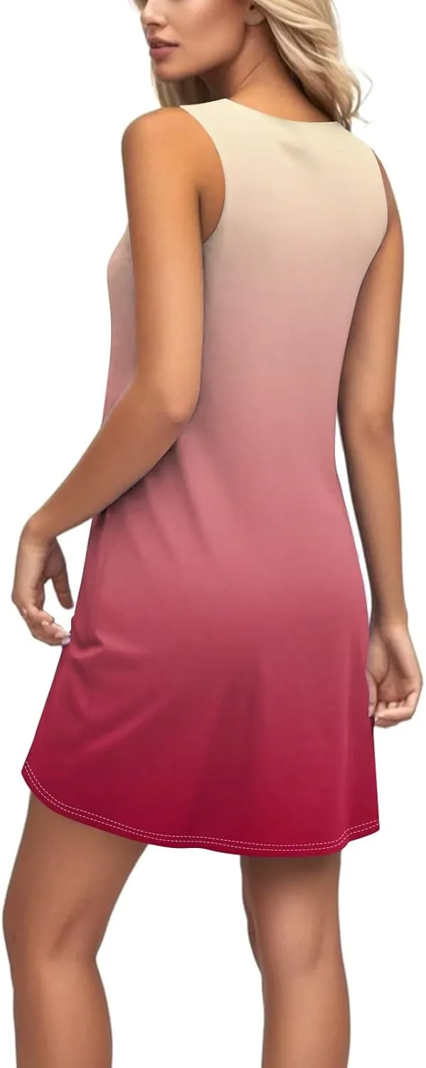 Sundresses for Women Tank Dress Spring Short Dress Sleeveless Gradient Color Fashion Vest Dresses Summer with Pocket