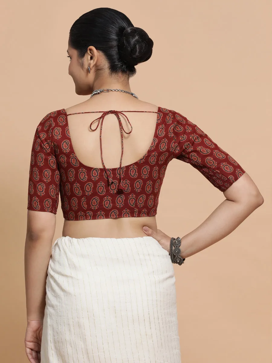 Tara x Rozaana | Elbow Sleeves Cotton Saree Blouse in Red Mango Block Print Fabric