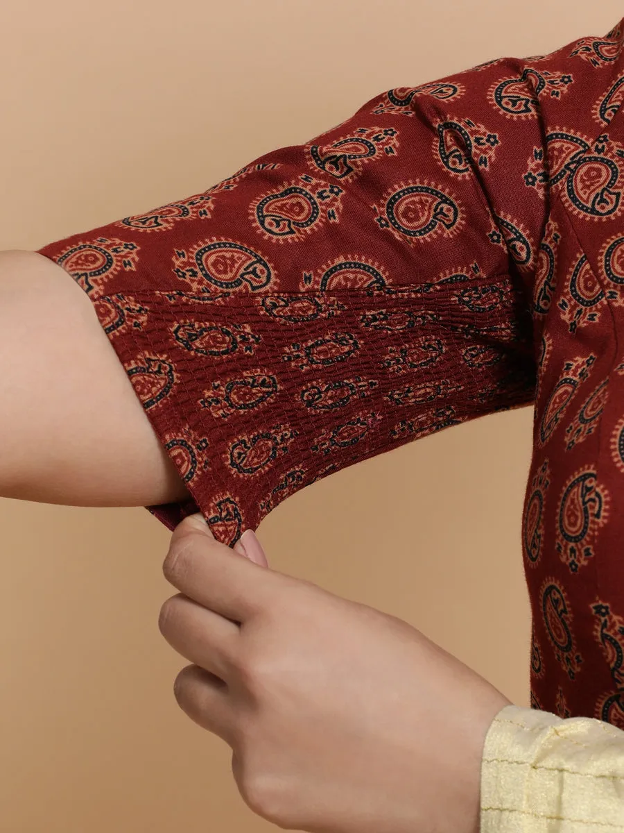 Tara x Rozaana | Elbow Sleeves Cotton Saree Blouse in Red Mango Block Print Fabric