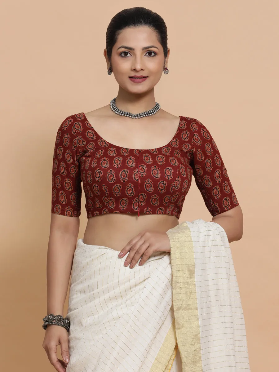 Tara x Rozaana | Elbow Sleeves Cotton Saree Blouse in Red Mango Block Print Fabric