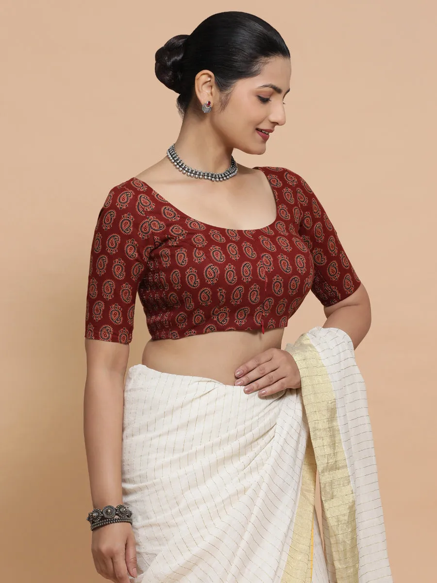 Tara x Rozaana | Elbow Sleeves Cotton Saree Blouse in Red Mango Block Print Fabric