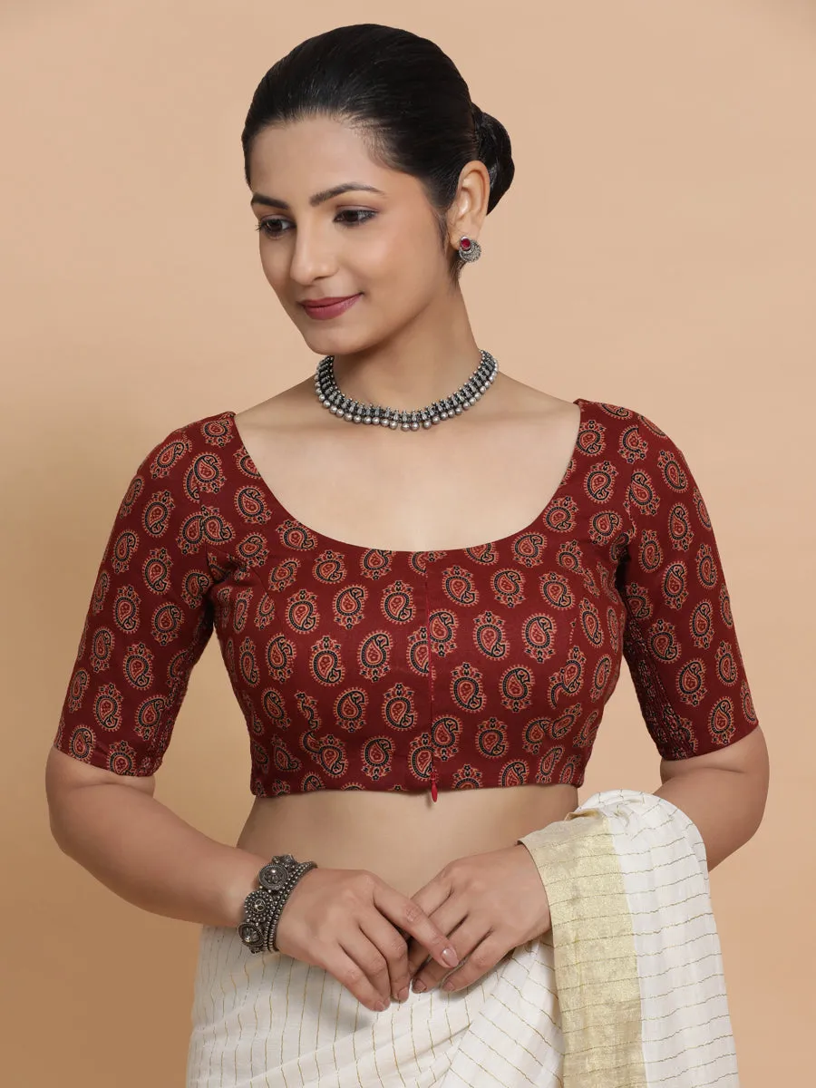 Tara x Rozaana | Elbow Sleeves Cotton Saree Blouse in Red Mango Block Print Fabric
