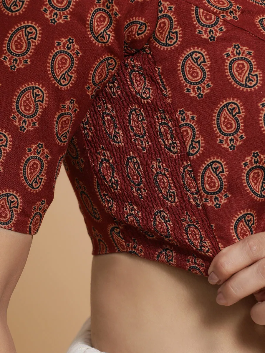 Tara x Rozaana | Elbow Sleeves Cotton Saree Blouse in Red Mango Block Print Fabric