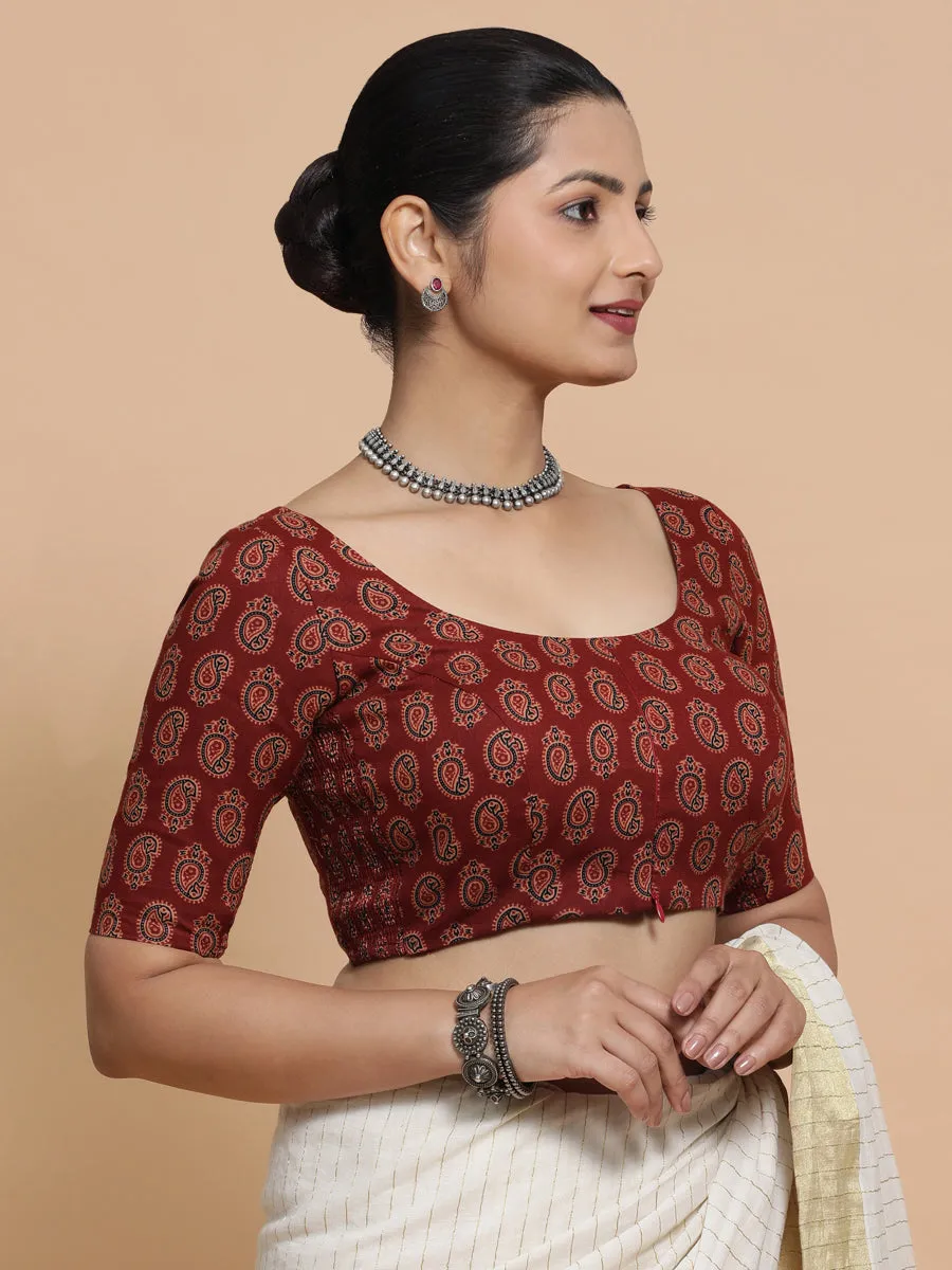 Tara x Rozaana | Elbow Sleeves Cotton Saree Blouse in Red Mango Block Print Fabric