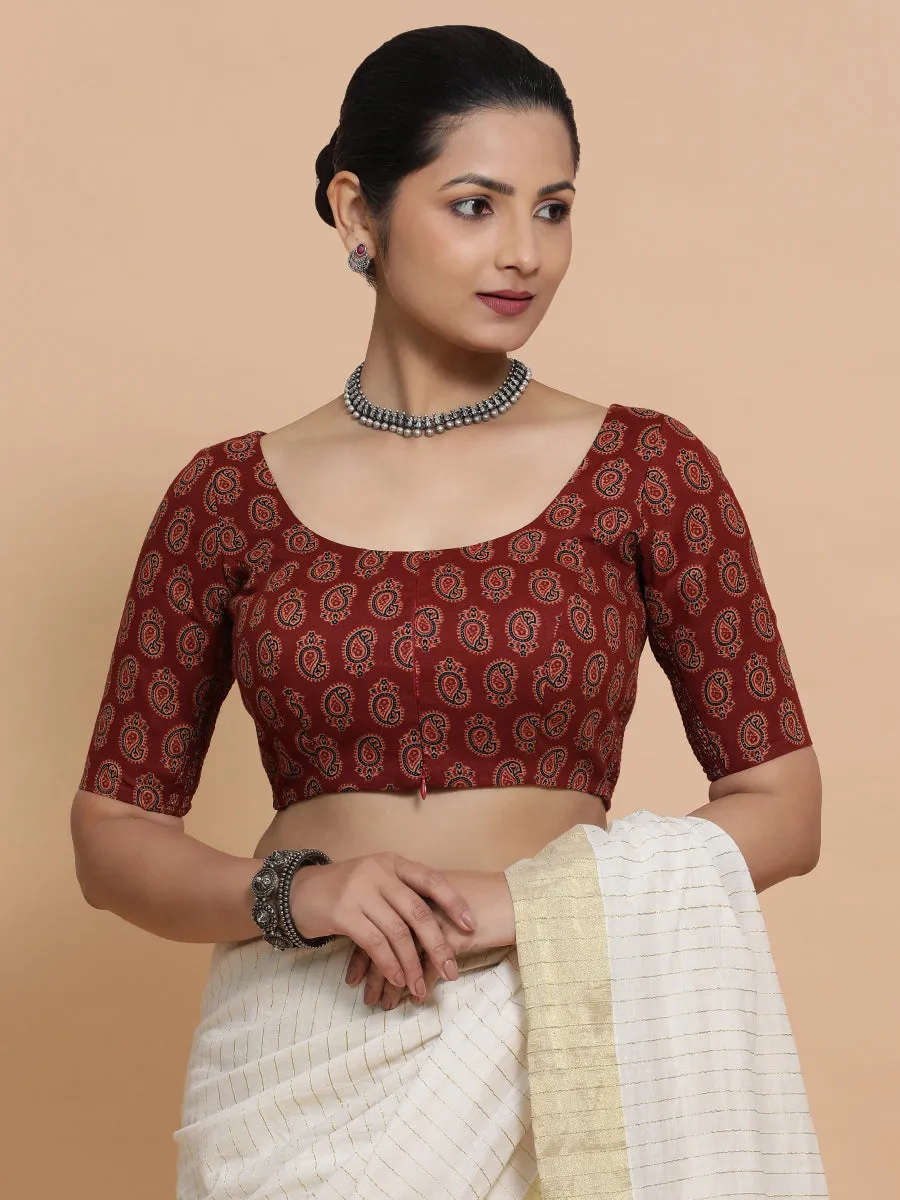 Tara x Rozaana | Elbow Sleeves Cotton Saree Blouse in Red Mango Block Print Fabric