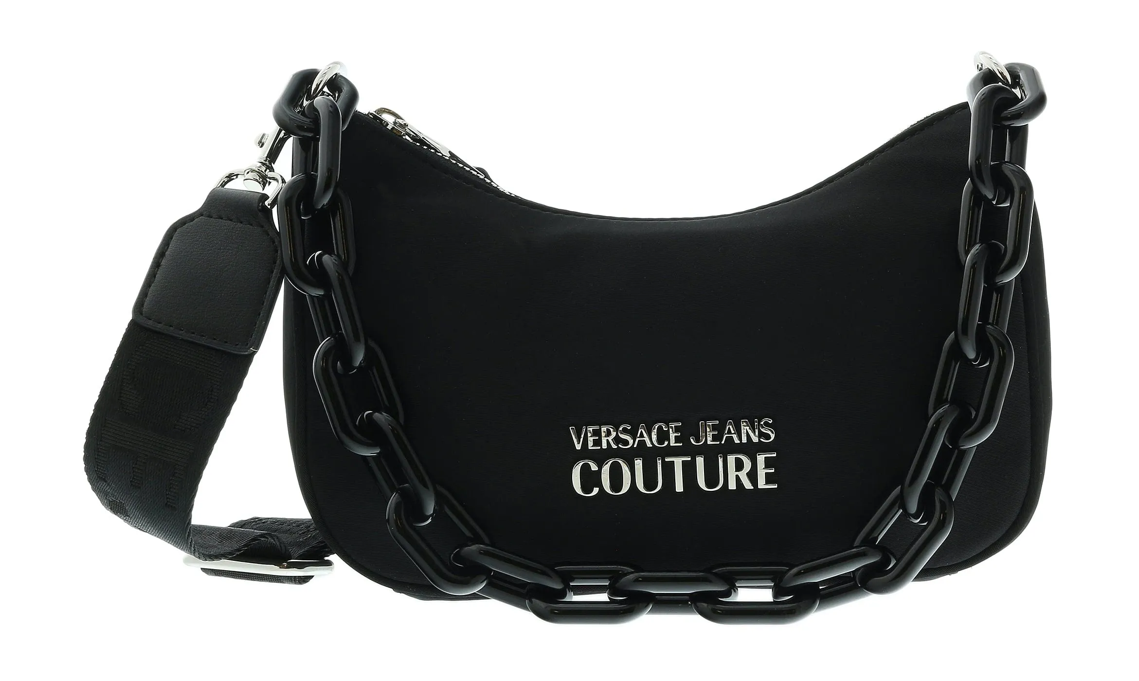 Versace Jeans Couture Black Nylon Signature Acetate Chain Medium Hobo Crossbody Shoulder Bag