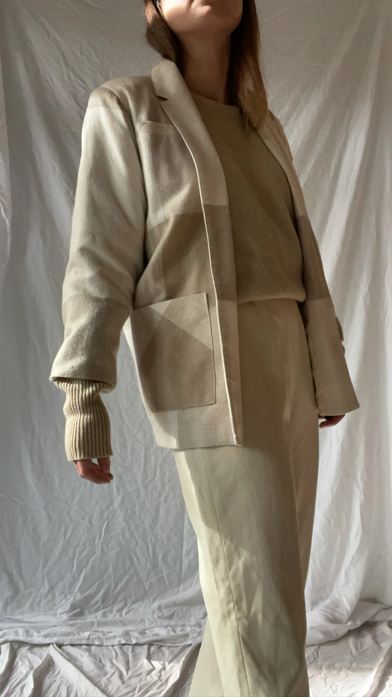 Vintage Soft Neutral Grid Plaid Blazer - XS