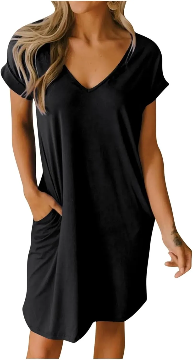 Women 2025 Summer Casual Mini Dresses V Neck Short Sleeve Solid Color Beach Shift Dress with Pockets