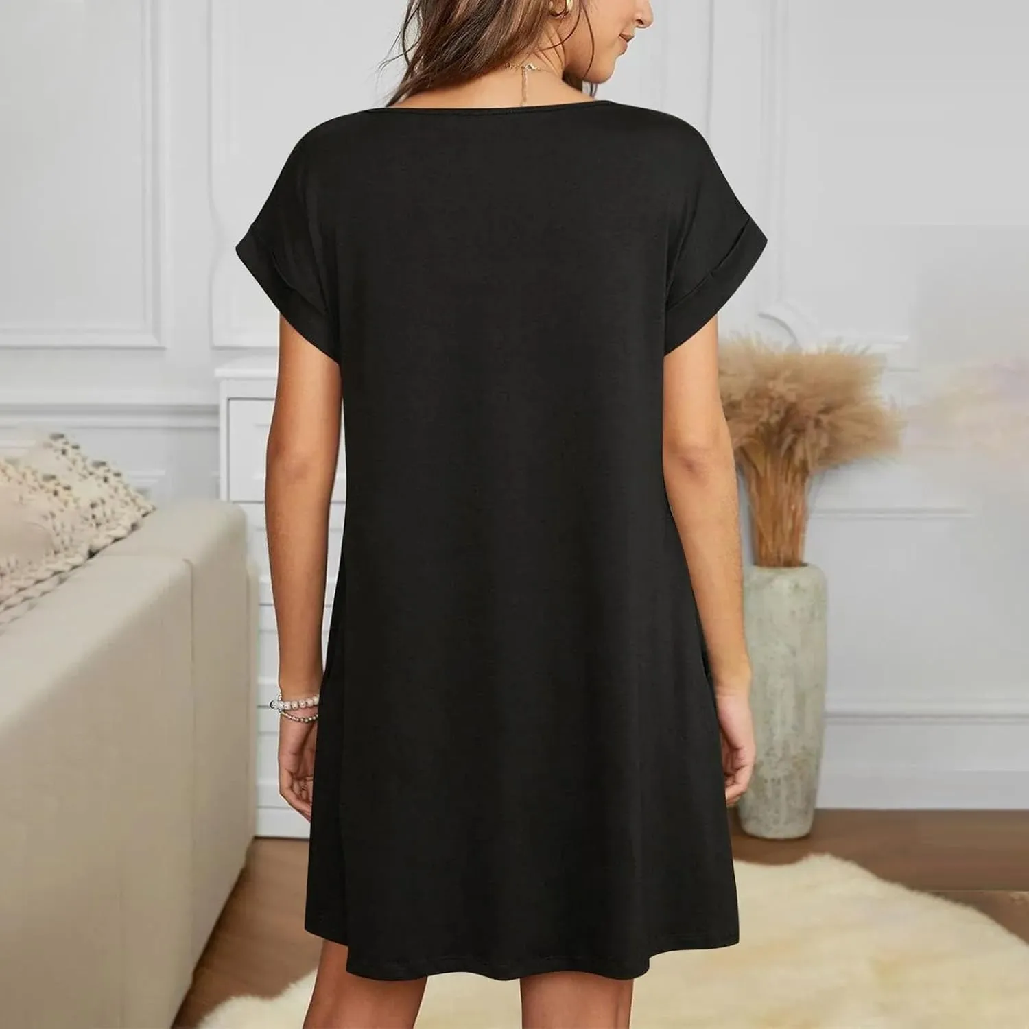 Women 2025 Summer Casual Mini Dresses V Neck Short Sleeve Solid Color Beach Shift Dress with Pockets