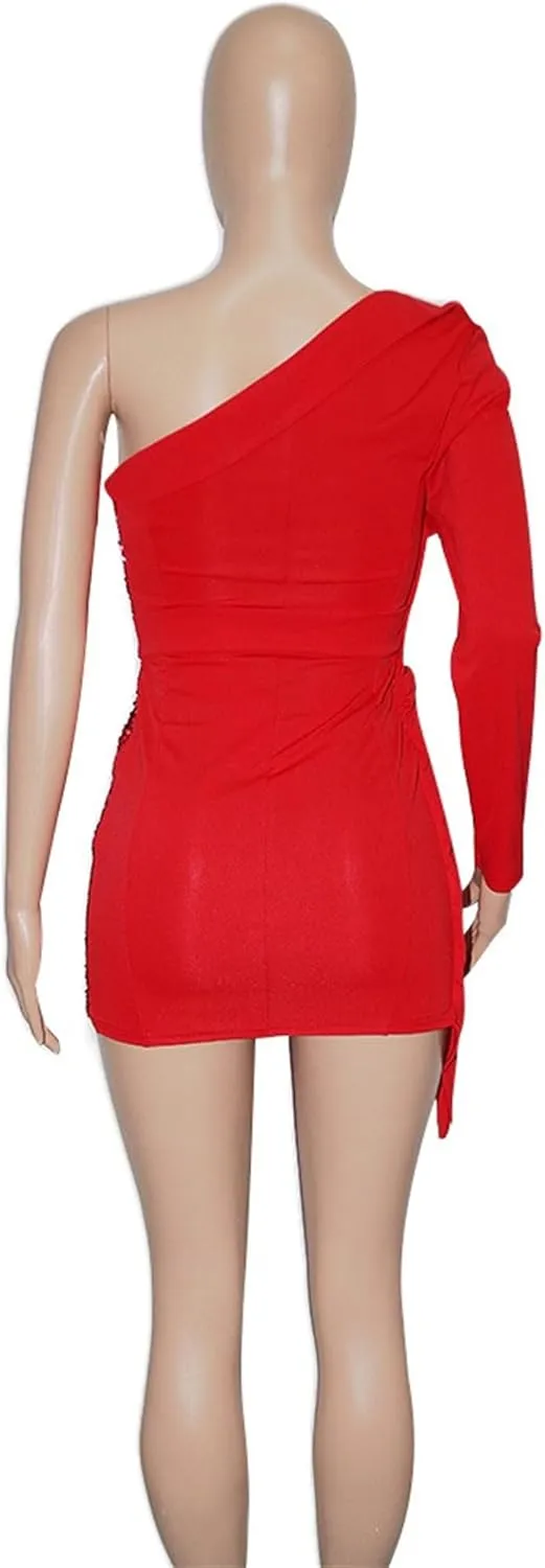 Women Sequin Sexy One Shoulder Dress Long Sleeve Backless Bodycon Cocktail Evening Dress 2024 Formal Party Dress