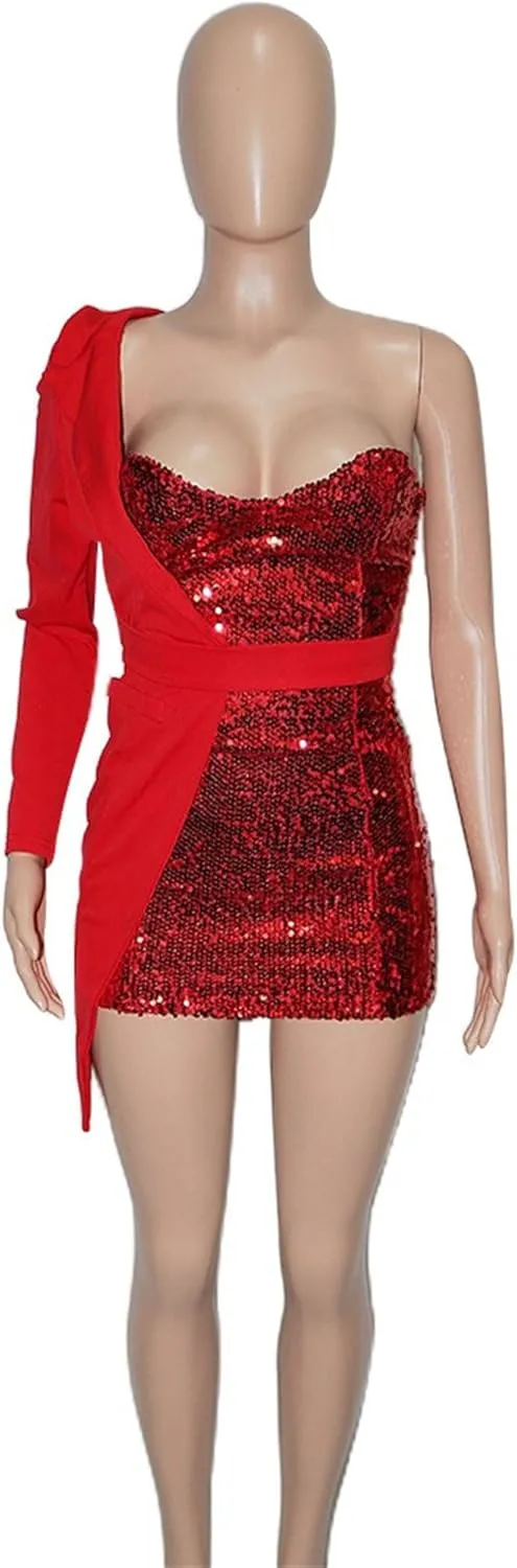 Women Sequin Sexy One Shoulder Dress Long Sleeve Backless Bodycon Cocktail Evening Dress 2024 Formal Party Dress
