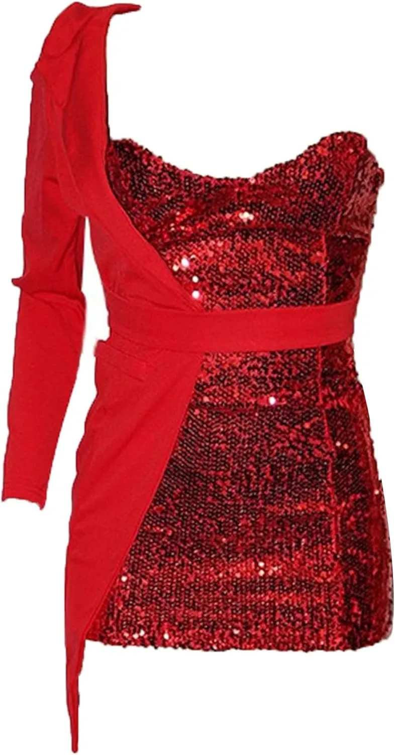 Women Sequin Sexy One Shoulder Dress Long Sleeve Backless Bodycon Cocktail Evening Dress 2024 Formal Party Dress