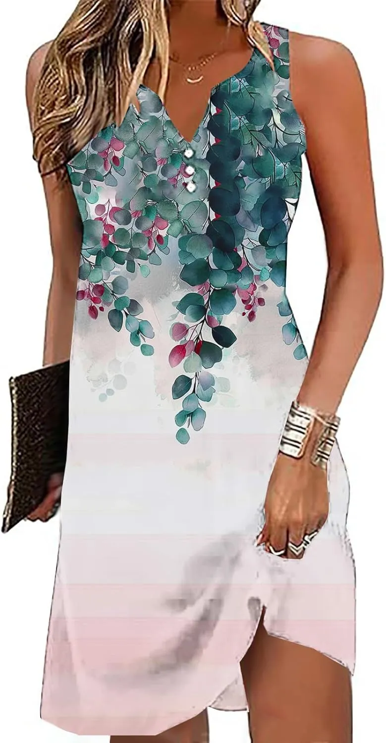 Women Sleeveless Casual Beach Dresses Boho Floral Print Sundress Comfortable Fashion Summer Clothes