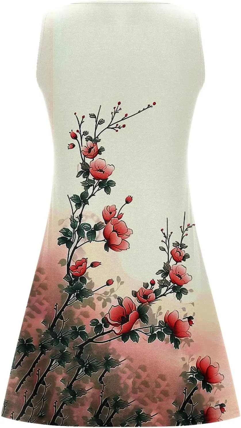 Women Sleeveless Casual Beach Dresses Boho Floral Print Sundress Comfortable Fashion Summer Clothes