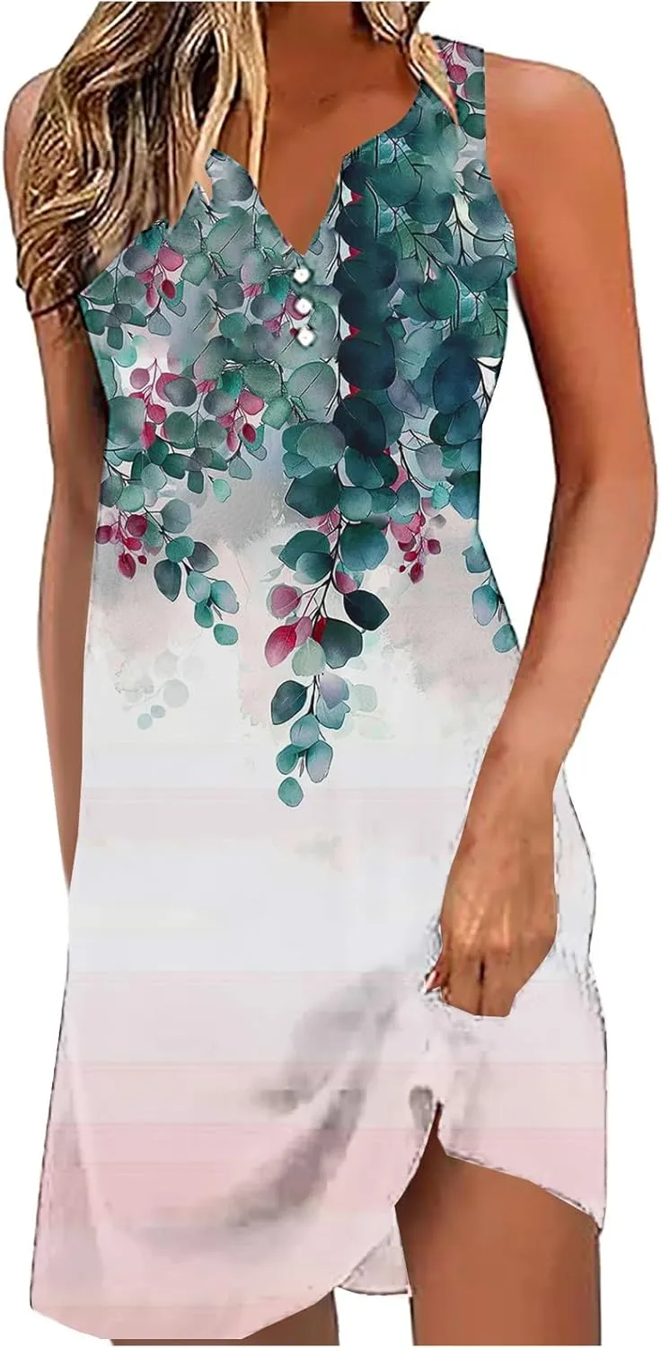 Women Sleeveless Casual Beach Dresses Boho Floral Print Sundress Comfortable Fashion Summer Clothes