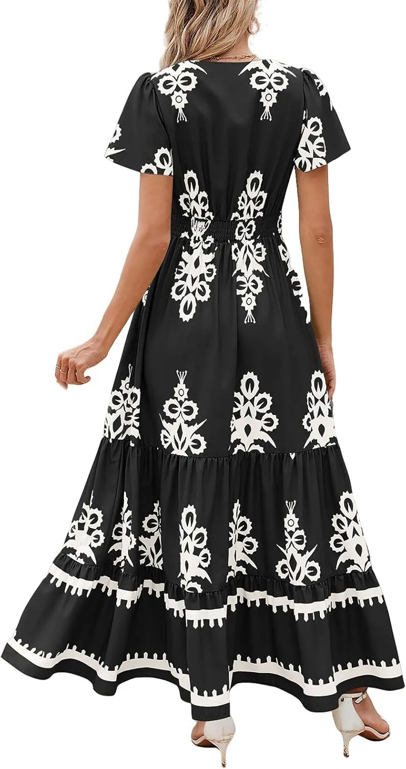 Womens 2025 Summer Fashion Boho Maxi Dress Flowy Short Sleeve Floral Dresses Holiday Dress Outfits