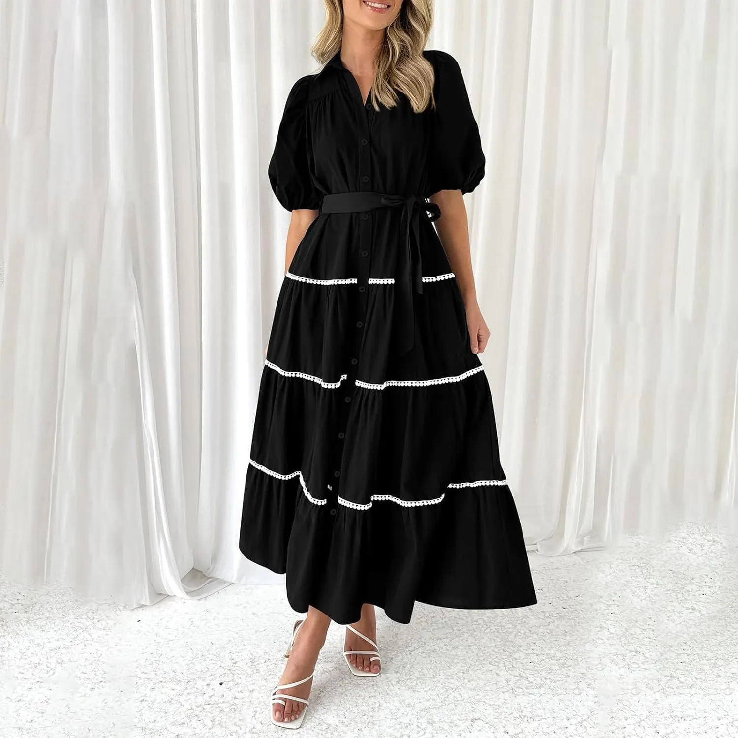 Women's Button Down Dress with Puff Sleeves Lace Trim Tiered Skirt Elegant Chic Summer Dressy Trendy Clothing 2025