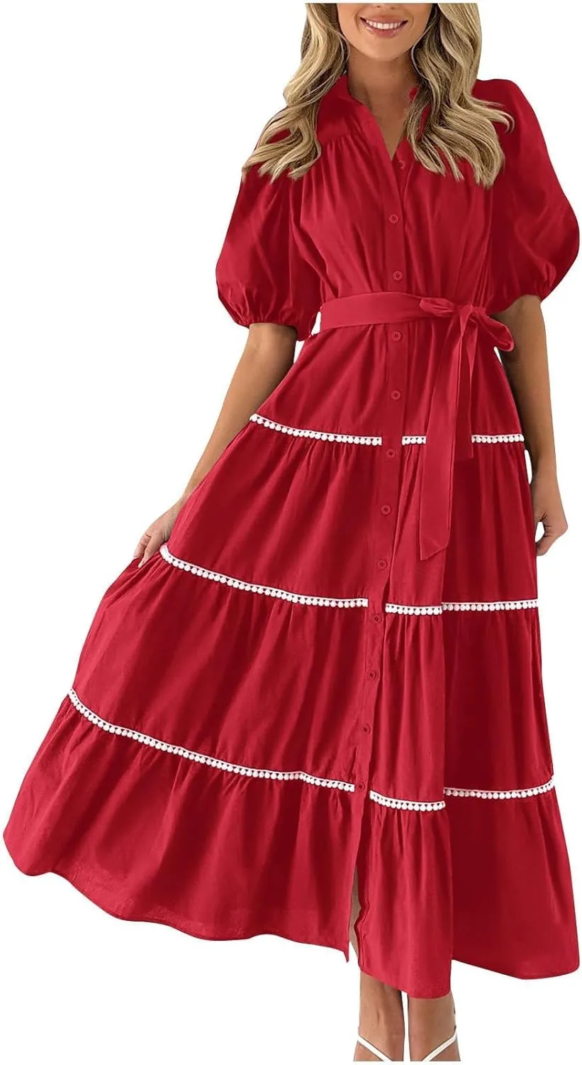Women's Button Down Dress with Puff Sleeves Lace Trim Tiered Skirt Elegant Chic Summer Dressy Trendy Clothing 2025
