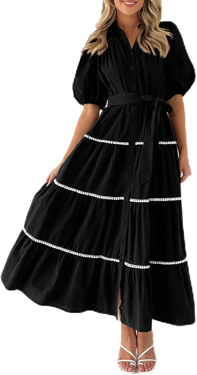 Women's Button Down Dress with Puff Sleeves Lace Trim Tiered Skirt Elegant Chic Summer Dressy Trendy Clothing 2025