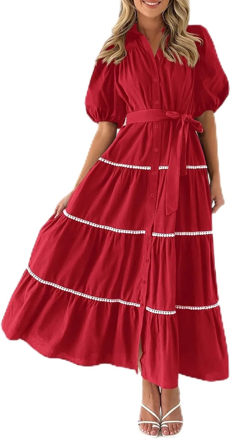 Women's Button Down Dress with Puff Sleeves Lace Trim Tiered Skirt Elegant Chic Summer Dressy Trendy Clothing 2025