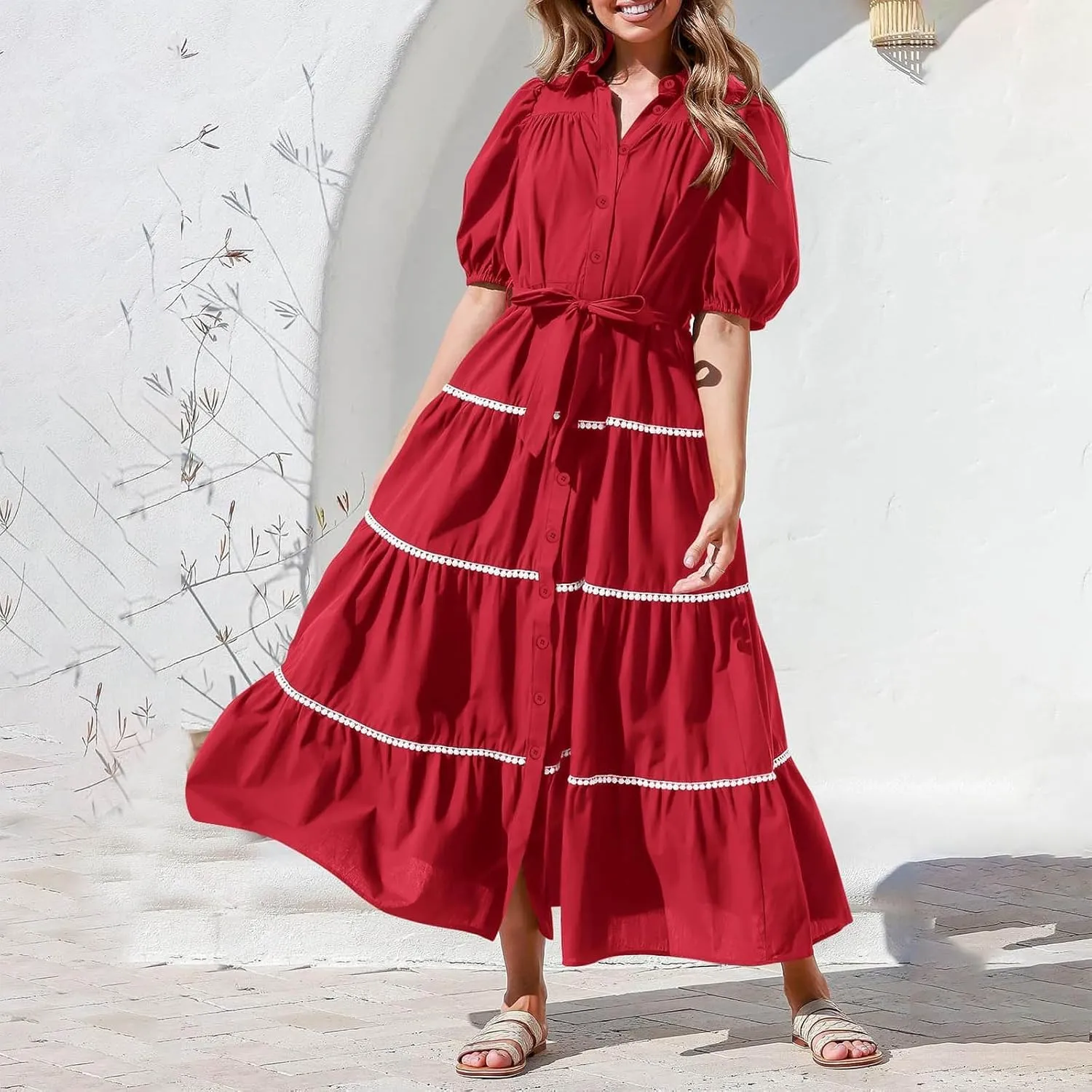 Women's Button Down Dress with Puff Sleeves Lace Trim Tiered Skirt Elegant Chic Summer Dressy Trendy Clothing 2025