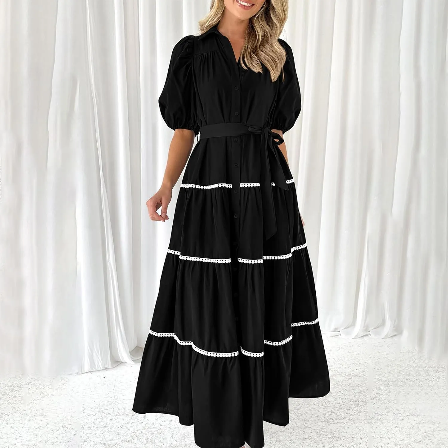 Women's Button Down Dress with Puff Sleeves Lace Trim Tiered Skirt Elegant Chic Summer Dressy Trendy Clothing 2025