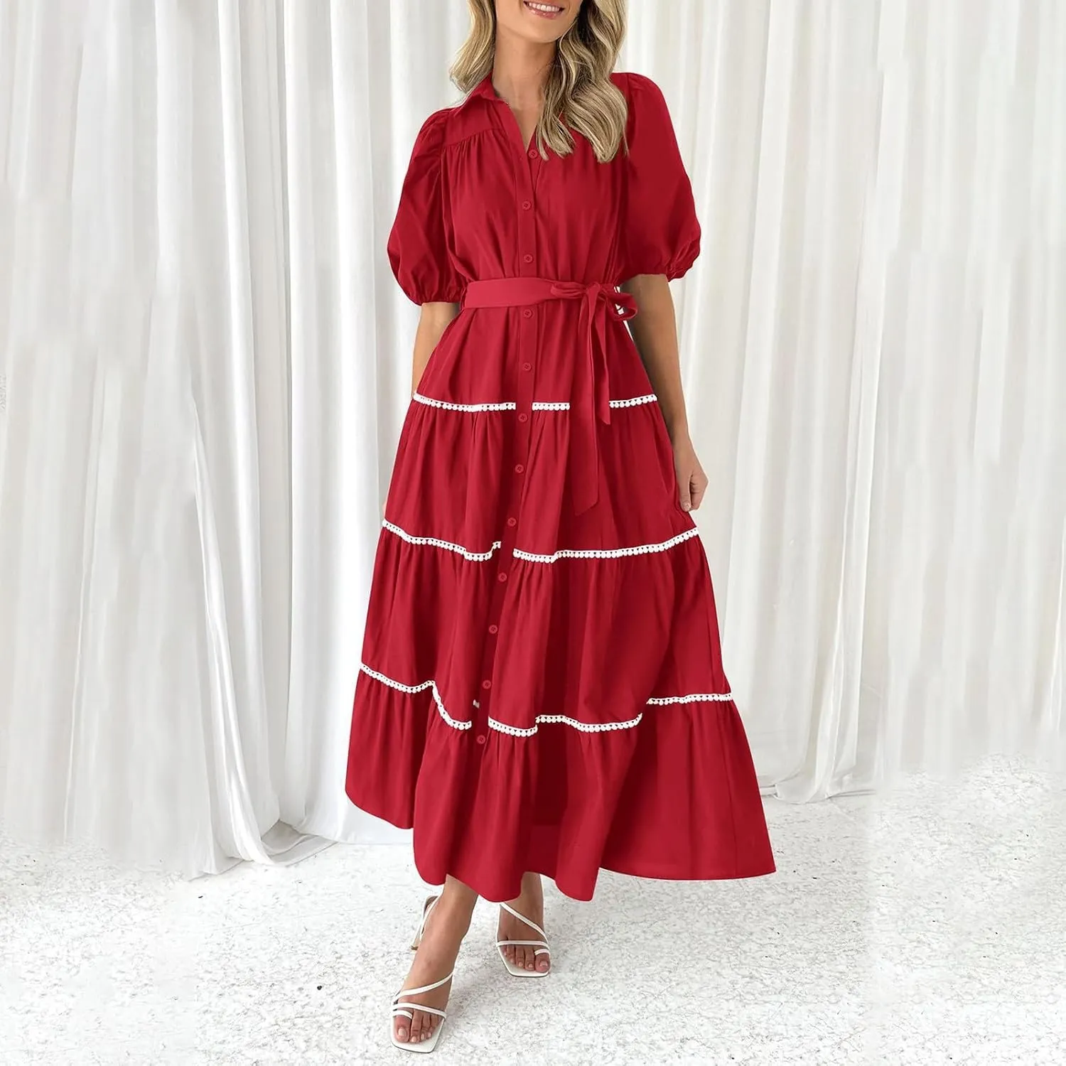 Women's Button Down Dress with Puff Sleeves Lace Trim Tiered Skirt Elegant Chic Summer Dressy Trendy Clothing 2025