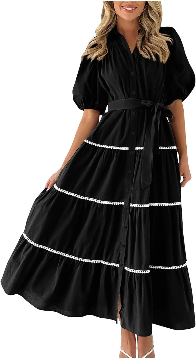 Women's Button Down Dress with Puff Sleeves Lace Trim Tiered Skirt Elegant Chic Summer Dressy Trendy Clothing 2025