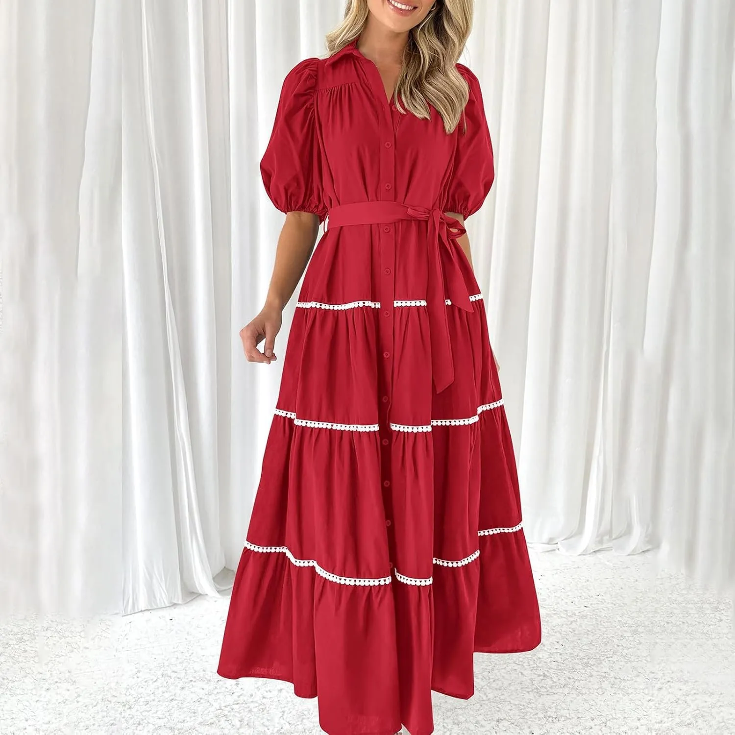 Women's Button Down Dress with Puff Sleeves Lace Trim Tiered Skirt Elegant Chic Summer Dressy Trendy Clothing 2025
