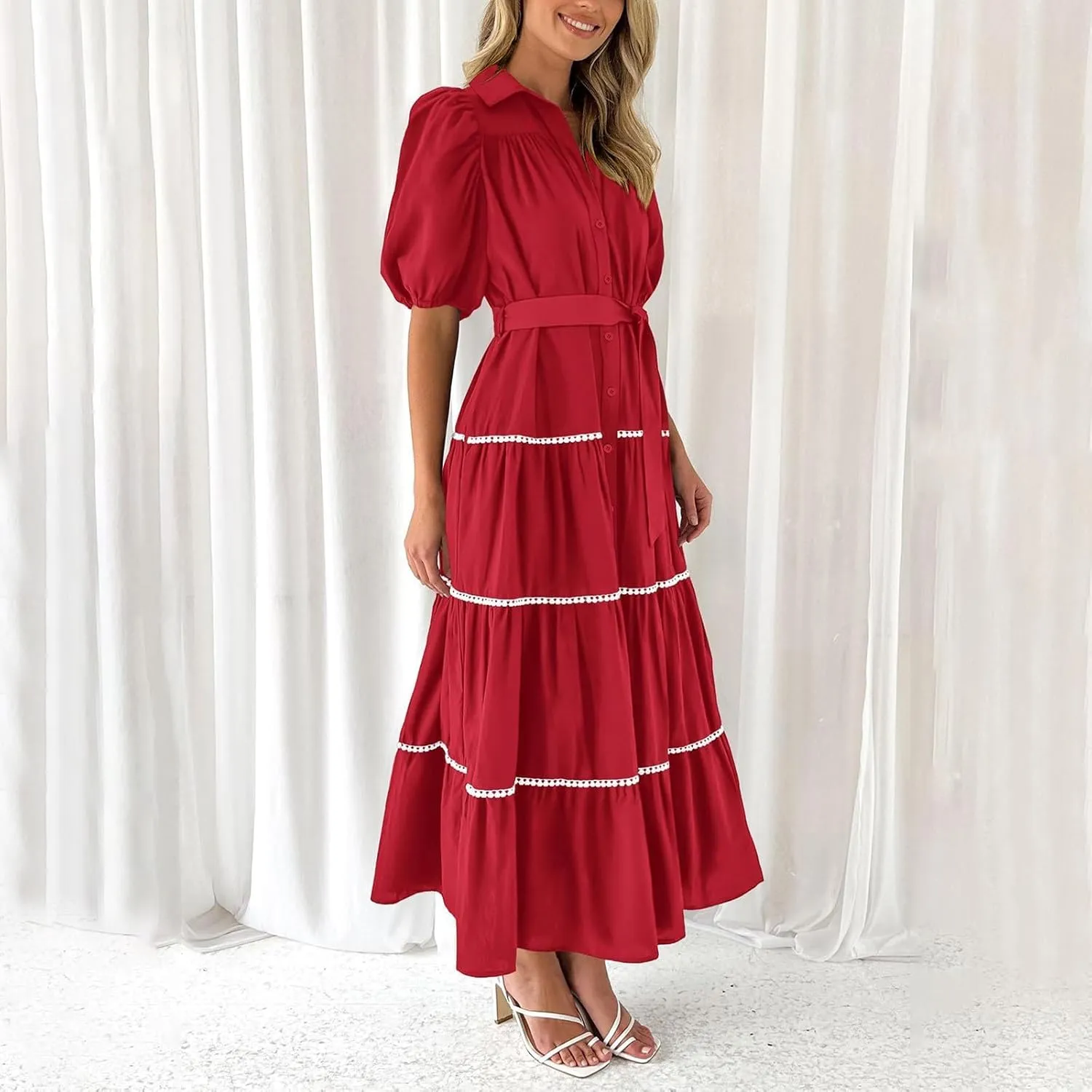 Women's Button Down Dress with Puff Sleeves Lace Trim Tiered Skirt Elegant Chic Summer Dressy Trendy Clothing 2025